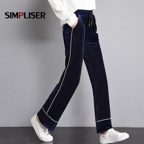 Women 2018 New Pleuche Wide Leg Trousers Striped Blue Black Female Straight Casual Pants Femme Pantalon Plus Size 4XL Ladies