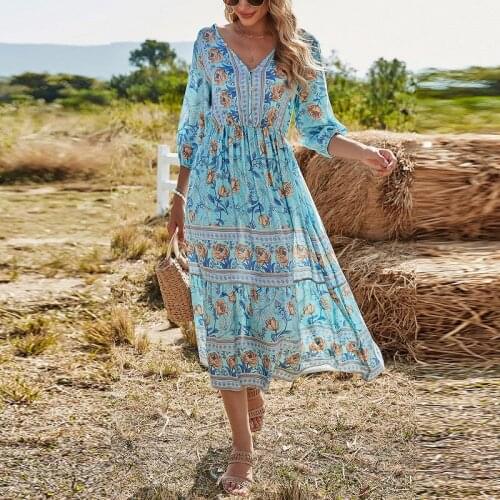 New Womens V-neck High Waist Dress 2021 Summer Bohemian Party Dress Large Size Printed Mid-length A-line Womens Dress Vestidos