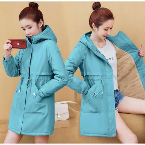 New winter large size women Long sleeve coat female Plus velvet thickening Cotton clothing Outerwear fashion hooded trench coats