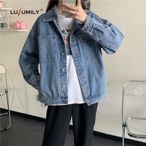 Lusumily Casual Denim Jacket Women Autumn Plus Size Jean Jacket Loose Cowboy Outwear Loose Spring Coat Female Denim Coat Tops