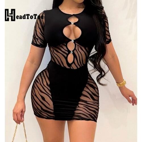 Sexy Cut Out Zebra Stripes Gauze Bodycon Dress Women Short Sleeve Mini Summer Dress