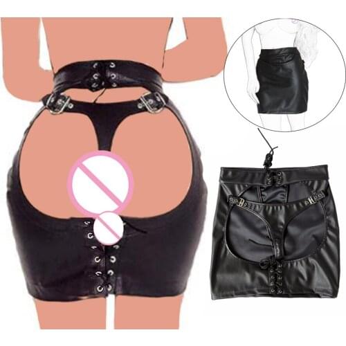 Sexy Leather Open Ass Mini Tight Skirt Adjustable Lace-Up Thong Panties Women Bondage Sex Spanking Erotic Club Costume Sex Toys
