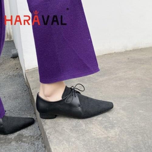 HARAVAL Women Pumps Shoes Pointed Toe Solid Office & Career Black Brown Low Heels Lace Up Office Lady Summer Elegant Shoe A261