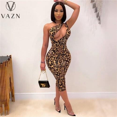 VAZN Top Quality Sexy Club Birthday 2021 Sexy Leopard Hollow Out Party Cocktail Short Dress Women Elegant Fashion Slim Dress