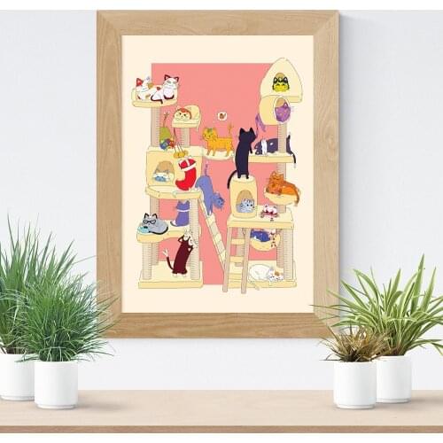 Vinatge Style Prints Cartoon Cat Posters Canvas Painting Wall Art Animal Crossing Tree Pictures Baby Kids Room Home Decoration