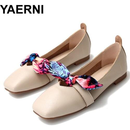 YAERNI Ballet flats shoes Women butterfly knot shallow slides square toe Loafers Slip on sandals Big size black apricot brown