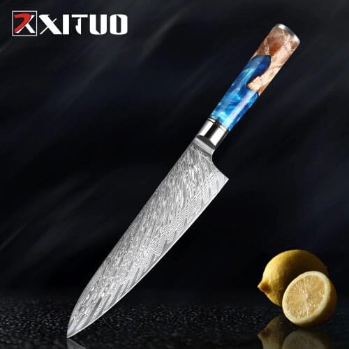 XITUO Damascus Steel Japanese VG10 Chef Knife Paring Fruit Vegetable Kitchen knife Blue Resin Color Wood Handle Cooking Tool