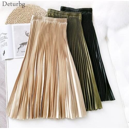 Womens Vintage Pleated Midi Long Satin Skirt Korean Female High Waist Metal Color Black A-line Skirts Faldas 2020 Autumn SK605