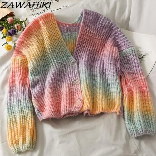 ZAWAHIKI Womens Clothes Long Sleeve Rainbow Contrast Color Sweater Tops Fashion Loose V Neck Thick New Short Knitted Cardigans