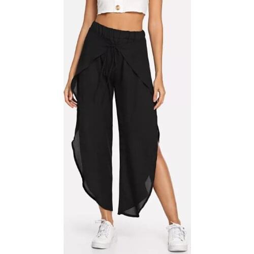 S-XL women casual leisure brand wide leg pant spring summer holiday full length split trousers