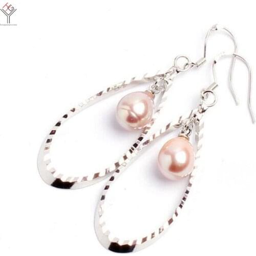 Women Jewelry Earring 9-11mm Bright light purple Pearl Dangle Hook Earring oval hollow Natural Freshwater pearl