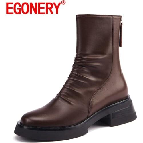 EGONERY Women winter New Style ankle boots Round Toe Thick bottom Solid color Genuine Leather Mature soft Concise Comfortable