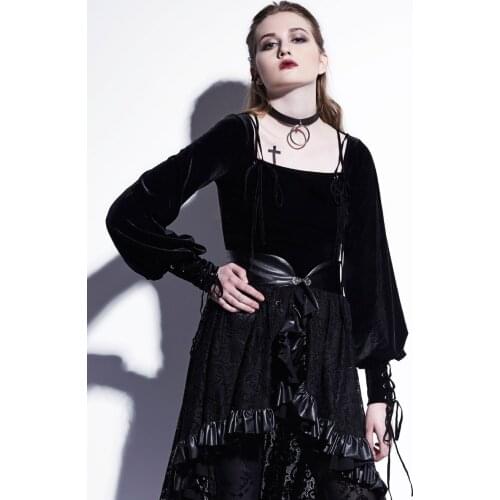Sexy Women Gothic Black Velvet Lace-up Full Lantern Sleeve Square Collar Short Top Victorian Burlesque Steampunk Nightclub Wear