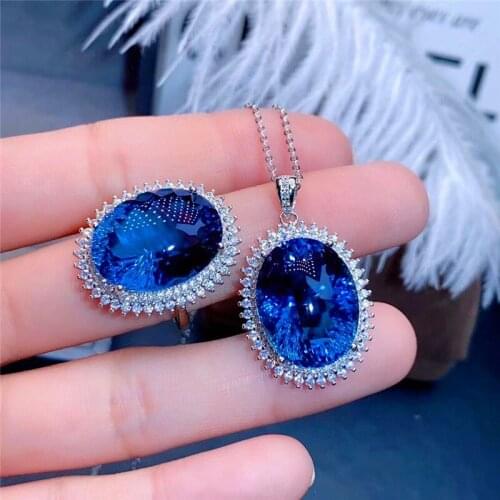 Luxury Wedding Accessories Bride Jewelry Sets Elegant Blue Crystal Jewelry Set Oval Adjustable Rings Necklace Sets For Women