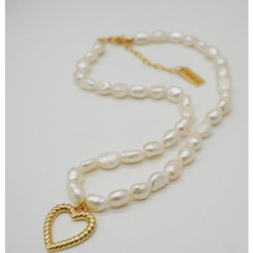 Women freshwater natural pearl neckalce with heart pendant gold plated high end torque