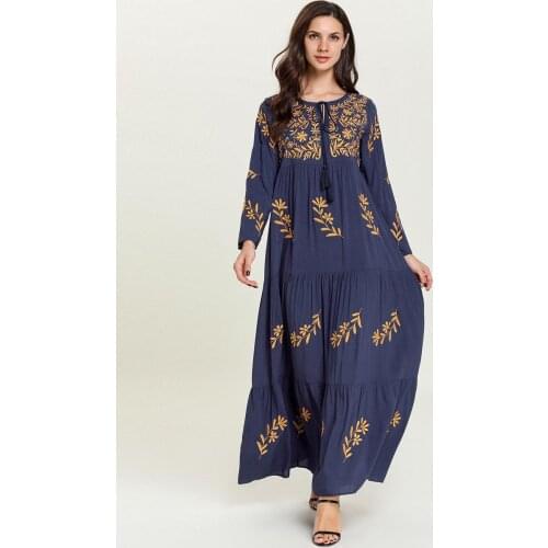 Maxi Dress for Women Elegant Ethnic Blue Polka Floral Embroidery Long Sleeve Arabic Oman Muslim Clothes 2021