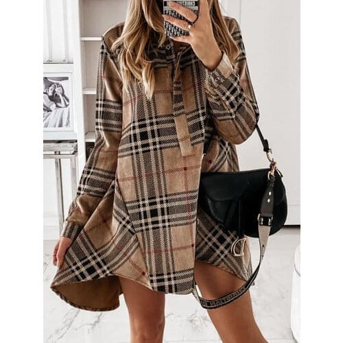 Women Elegant Plaid Print Buttons Irregular Party Dress Office Lady Turn-Down Collar Shirt Dress Casual Loose Mini Dress Vestido