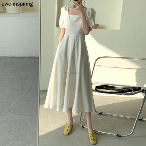 Black Dress Womens Summer Casual 2021 French Retro Square Neck Puff Sleeve Vintage Waist Long Oversized White Small Midi Solid