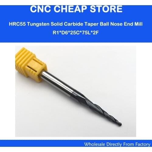 2Pcs/lot R1.0*D6*25*75L*2F HRC55 Tapered Ball Nose Taper End Mill 6MM Shank 25mm Double Flute For Carving CNC Cut Tools