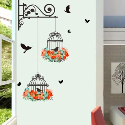 3D Flowers Birdcage Carved Wall Stickers Home Decor Flying Birds Door Sticker Plants Wallpaper Self-adhesive Window Art Mural