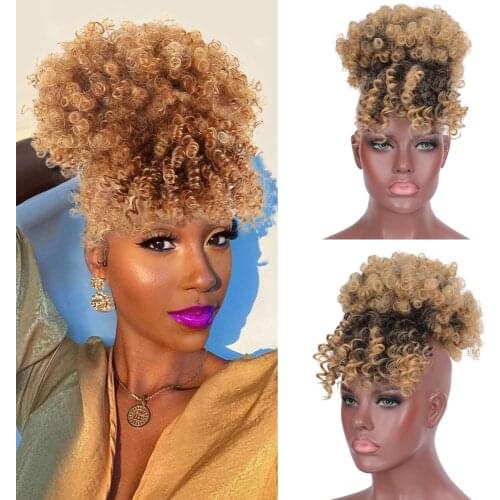 Afro Puff Bun With Bangs Drawstring Chignon Synthetic Short Kinkys Curly Chignon Clip In Hair Extensions for African Women