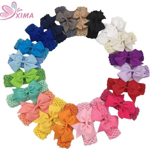 XIMA 20pcs/lot 3.5''Grosgrain Ribbon Bows with Crochet Headbands Hair Bow for Kids Hair Accessories