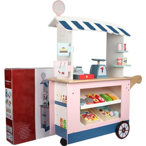 Wooden Kids Simulation Convenience Store Trolley Stall Fruit Drink Food Cash Register Boys Girls Game House Toys For Children