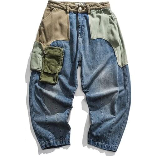 Punk Style Contrast Color Patchwork 3D Pockets Mens Jeans Personality Hip-Hop Trendy Street Loose All-Match Male Denim Pants