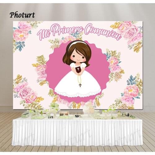PHOTURT Pink Dots Backdrop Girl Birthday Party Background First Communion Baptism Mi Bautizo Vinyl Polyester Photography Banner