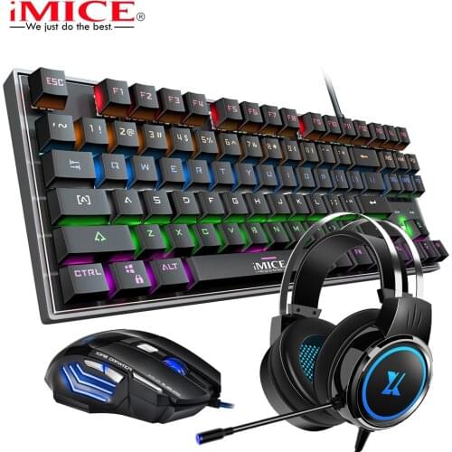 Gaming Keyboard Mouse Earphone 3 in 1 Sets Noise Cancelling Headset 87 Keys Wired RGB Mechanical Keyboard Green Switch 2400 Mice