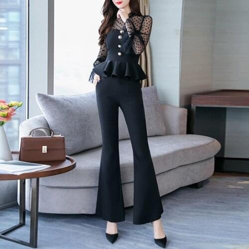 Summer Two Piece Set Mesh Yarn Perspective Patchwork Ruffled Top Shirt Women Pants Suits Flare Pant Casual Work Office Sets
