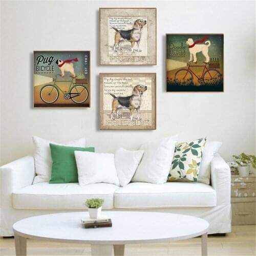 Funny Pet Pug Doodel Bicycle Best Friends Dog Painting Wall Art Retro Canvas Pictures for Living Room Decoration Kids Room Decor