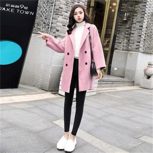 Fashion woolen coat women coat women fall winter New high-quality Pink Loose Casual double breasted woolen coat women