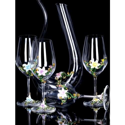 Enamel Color Lily Lead-free Crystal Wine Glass Decanter Set Creative Goblet Champagne Cup Wedding Gift Home Drinking Utensils