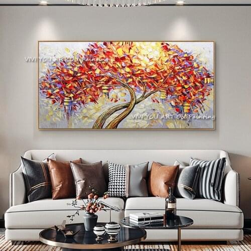 The Fashion Red Tree Leaf Foil Wall Art Canvas Handpainted Cuadro Modern Abstract Painting Wall Nature Plant Picture for Office