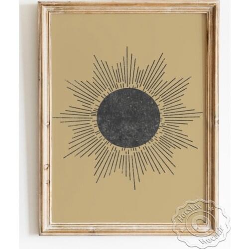 Black Sunburst Art Prints Poster, Abstract Sun Shapes Wall Picture, Bohemia Style Canvas Painting, Mid Century Modern Home Decor