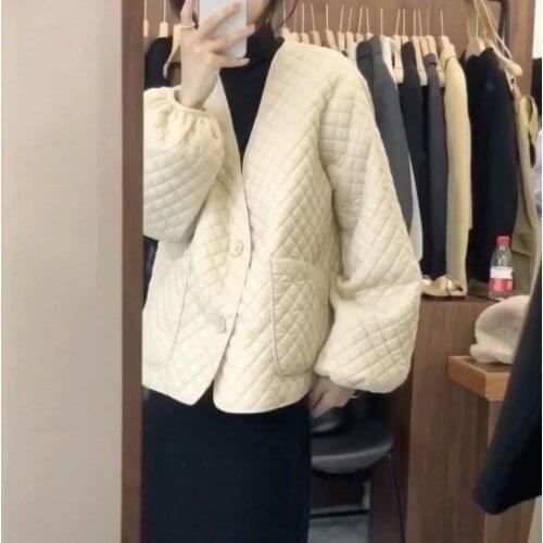 Casual Quilted Jacket Parkas Solid New Autumn V-neck Lantern sleeve Female Loose Short Padded coat Spring Chic 2021