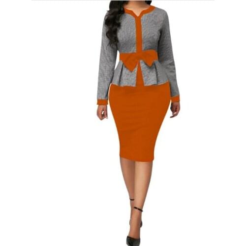 2021 Stitching Bow Professional Step Dress Long Sleeve Mini Dress Mid-waist Dress Fashion OL Commuting