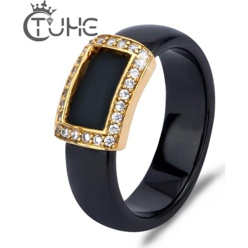 Rectangle Inlaid Zircon Geometric Ring Black & White Ceramic Rings Geometric Women Ring Jewelry Birthday Gift Good Quality Gift