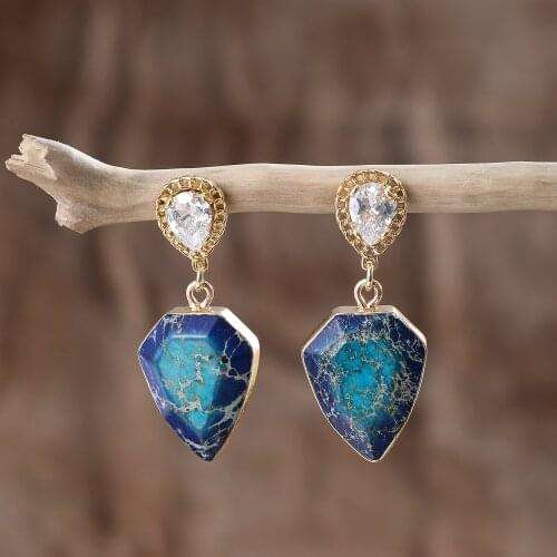 Shield Blue Regalite Stones Zircon Pave Teardrop Hook Earrings