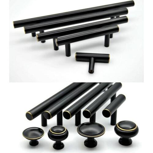 HQ 50-320MM Solid Core Brass+Nordic Black Kitchen Cabinet Knobs and Handles Drawer Pulls Bedroom Knob Brass T Bar Handle Knob