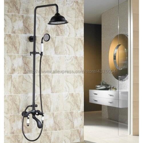 Black Oil Rubbed Brass Shower Faucet Set Double Ceramic Handle Tub Mixer Tap With Hand Shower Spray Nhg134