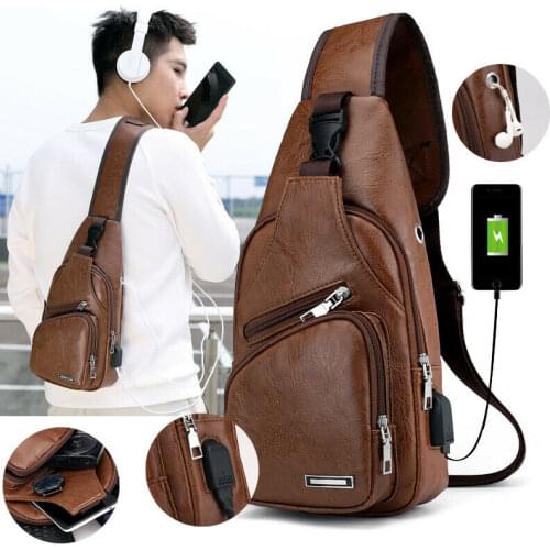 Retro Stylish PU Leather Messenger Bag Men Wild Business Portable USB Charging Port Sports Travel Crossbody Sling Shoulder Bag