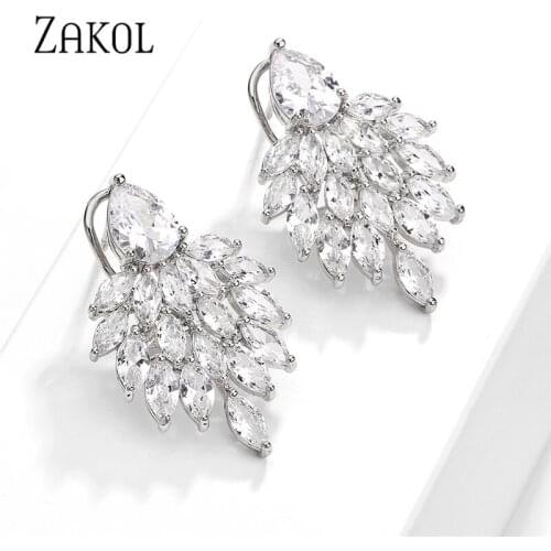 ZAKOL Fashion Leaf Brand Bridal Jewelry White Cubic Zirconia Big Green CZ Stud Earrings For Women Wedding FSEP4084