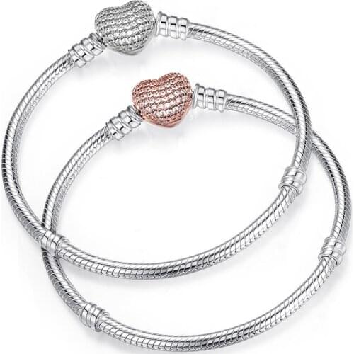 Rose Clear Crystal Heart Clip Charms Bracelet for Women Fit Luxury Brand Pan Base Snake Chain Bangle Men Pulsera Kid DIY Jewelry