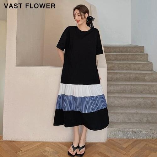 Plus Size Striped Patchwork Dress For Women New Korean Style Fashion Short Sleeve Casual Loose Long Dresses Clothes Summer 2021