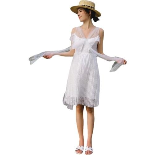 Beach Female Holiday Style A Open Back Lace Super Fairy Pleated Women Dress Knee-Length A-Line White Sexy Vestidos Mujer