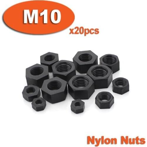 20pcs DIN934 M10 Black Plastic Nylon Nuts Hexagon Hex Head Nut