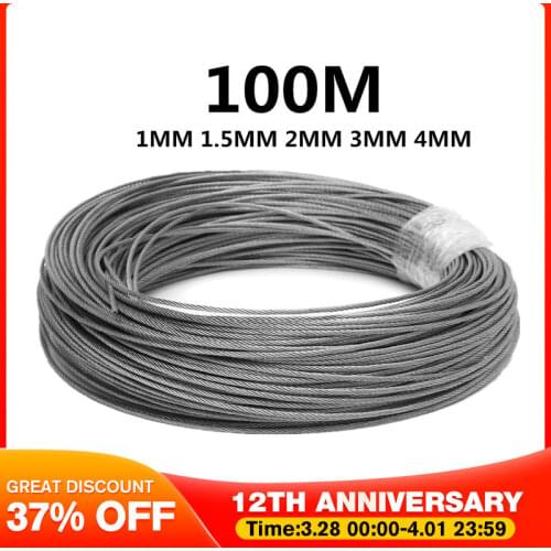 50M/100M 304 Stainless Steel Wire Rope Soft Fishing Lifting Cable 7*7 Clothesline 1mm/ 1.5mm/2mm
