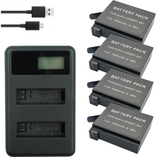 4x AHDBT-401 battery + LCD USB Dual Charger For Gopro Hero 4 Batteries Go Pro Hero4 bateria AHDBT 401 Action camera Accessories